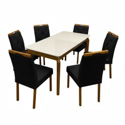 Mesa De Jantar Alegra 160x80cm Com Vidro E 6 Cadeiras Jasmim Em Veludo Estofadas Jcm Cinamomo Off White Com Tecido Preto 72217