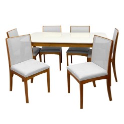Mesa De Jantar Alegra 160x80cm Com Vidro E 6 Cadeiras Lara Kappesberg Em Linho Madeira Jcm Cinamomo Off White Com Tecido Cinza 54154