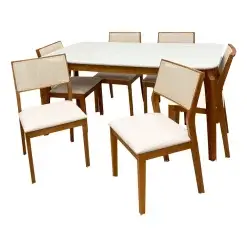 Mesa De Jantar Alegra 160x80cm Com Vidro E 6 Cadeiras Oiti Em Linho Madeira Jcm Cinamomo Off White Com Tecido Bege 70981