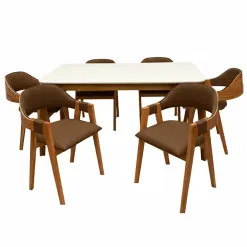 Mesa De Jantar Alegra 160x80cm Com Vidro E 6 Cadeiras Perola Em Corino Madeira Jcm Cinamomo Off White Com Tecido Marrom 51854