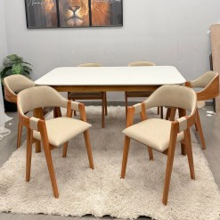 Mesa De Jantar Alegra 160x80cm Com Vidro E 6 Cadeiras Perola Em Linho Madeira Jcm 72328