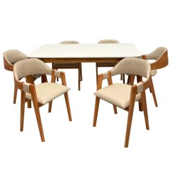 Mesa De Jantar Alegra 160x80cm Com Vidro E 6 Cadeiras Perola Em Linho Madeira Jcm Cinamomo Off White Com Tecido Bege 46212