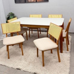 Mesa De Jantar Alegra 180x90cm Com Vidro E 6 Cadeiras Diamante Em Linho Madeira Jcm 30590