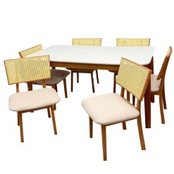 Mesa De Jantar Alegra 180x90cm Com Vidro E 6 Cadeiras Diamante Em Linho Madeira Jcm Cinamomo Off White Com Tecido Bege 28588