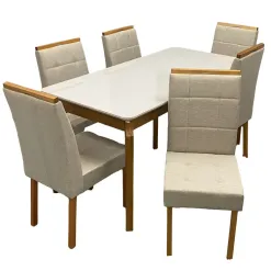 Mesa De Jantar Alegra 180x90cm Com Vidro E 6 Cadeiras Giulia Em Veludo Estofadas Jcm Cinamomo Off White Com Tecido Bege 71084