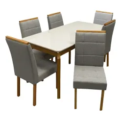 Mesa De Jantar Alegra 180x90cm Com Vidro E 6 Cadeiras Giulia Em Veludo Estofadas Jcm Cinamomo Off White Com Tecido Cinza 25668