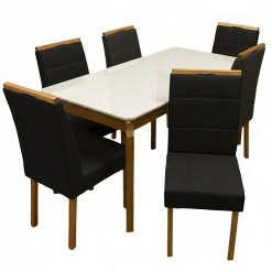 Mesa De Jantar Alegra 180x90cm Com Vidro E 6 Cadeiras Giulia Em Veludo Estofadas Jcm Cinamomo Off White Com Tecido Preto 10566