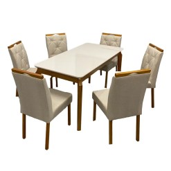 Mesa De Jantar Alegra 180x90cm Com Vidro E 6 Cadeiras Jasmim Em Linho Estofadas Jcm Cinamomo Off White Com Tecido Bege 62559
