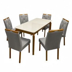 Mesa De Jantar Alegra 180x90cm Com Vidro E 6 Cadeiras Jasmim Em Linho Estofadas Jcm Cinamomo Off White Com Tecido Cinza 13857