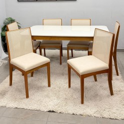 Mesa De Jantar Alegra 180x90cm Com Vidro E 6 Cadeiras Lara Kappesberg Em Linho Madeira Jcm 41191
