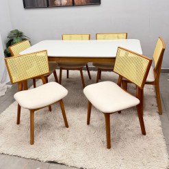 Mesa De Jantar Alegra 180x90cm Com Vidro E 6 Cadeiras Livia Em Linho Madeira Jcm 75360