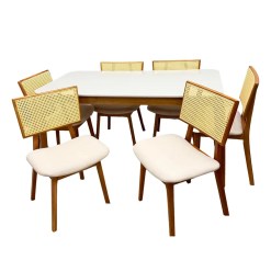Mesa De Jantar Alegra 180x90cm Com Vidro E 6 Cadeiras Livia Em Linho Madeira Jcm Cinamomo Off White Com Tecido Bege 14240