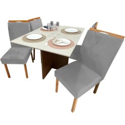 Mesa De Jantar Helo 120x90cm Em Linho Com 4 Cadeiras California Poliman Mel Off White Com Assento Cinza 32759