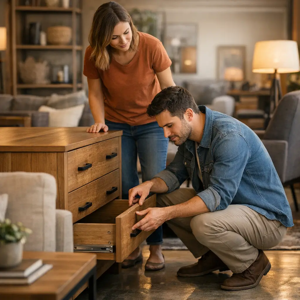Móveis baratos que duram: como escolher certo avaliando gaveta de cômoda de madeira