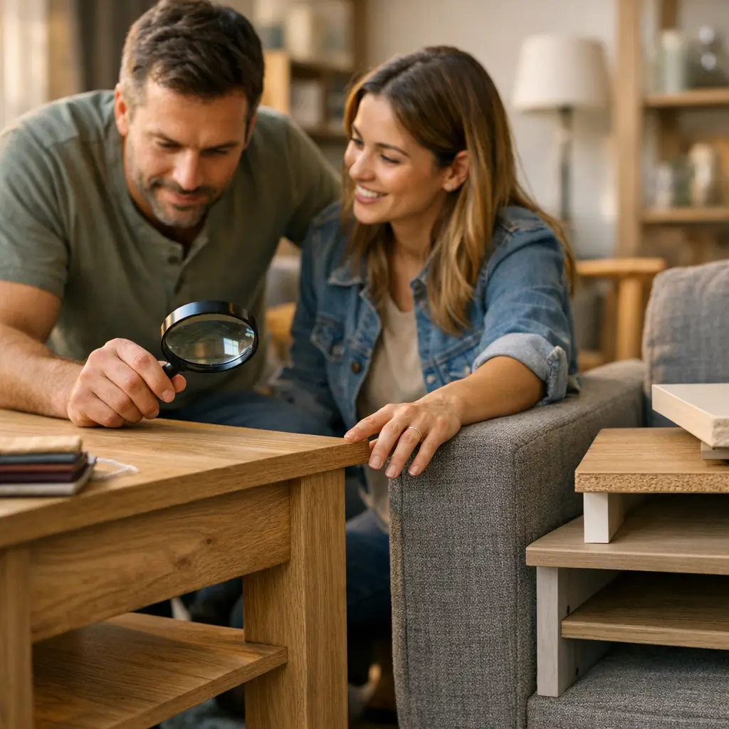 Móveis baratos que duram: como escolher certo examinando mesa de madeira com lupa ao lado do sofá