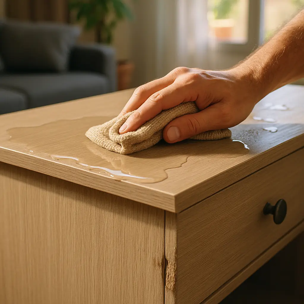 Móvel de MDF molhou o que fazer: guia rápido, mão secando água com pano bege em criado estufando