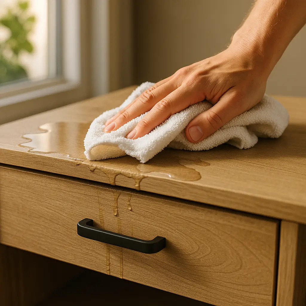Móvel de MDF molhou o que fazer: guia rápido, mão secando água com pano branco em armário de madeira