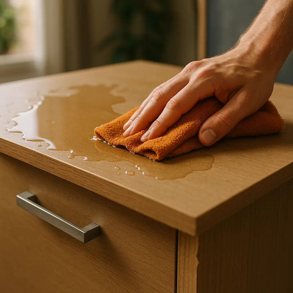 Móvel de MDF molhou o que fazer: guia rápido, mão secando água com pano laranja sobre armário
