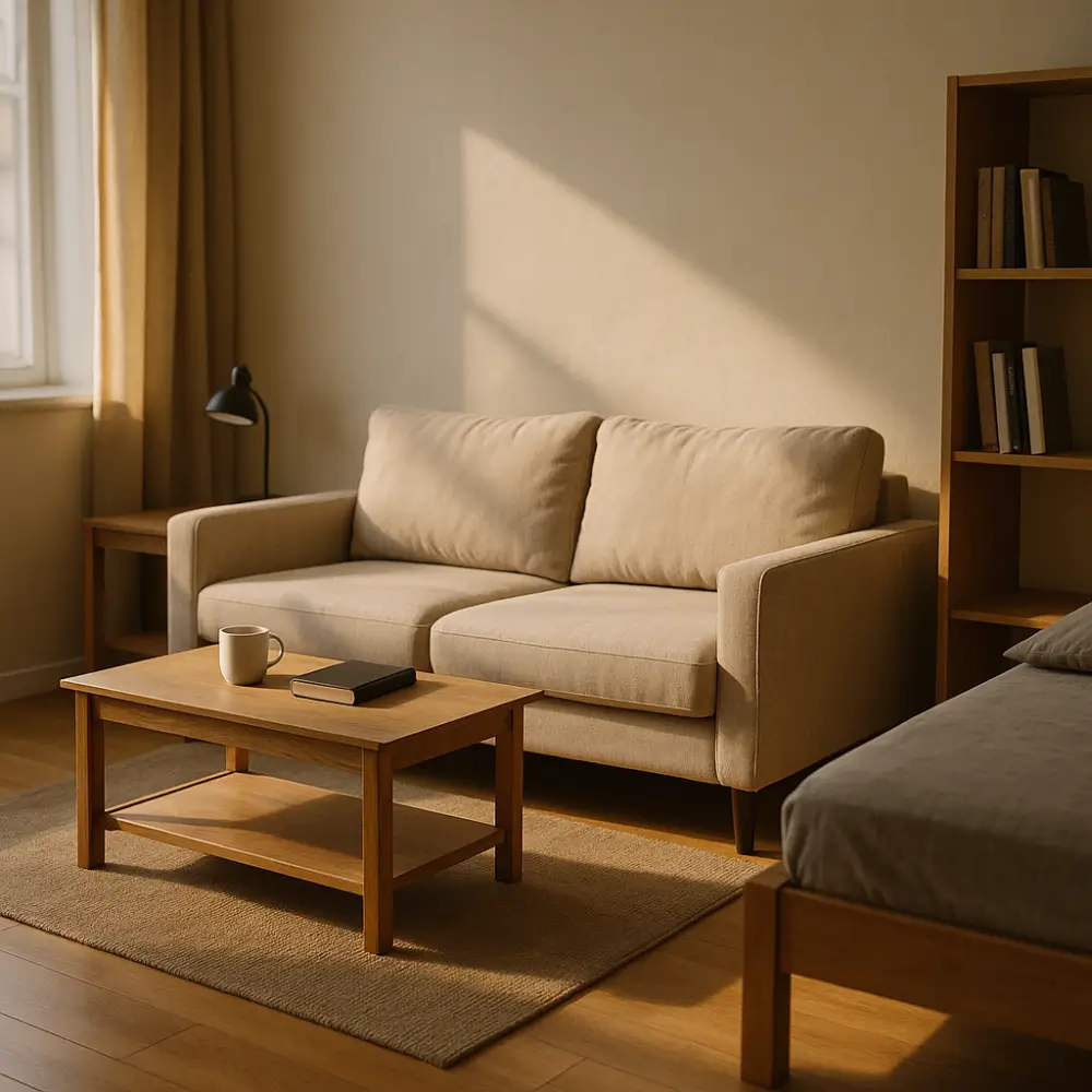 Primeira casa de solteiro: móveis essenciais com sofá bege, mesa de centro de madeira, cama simples e estante