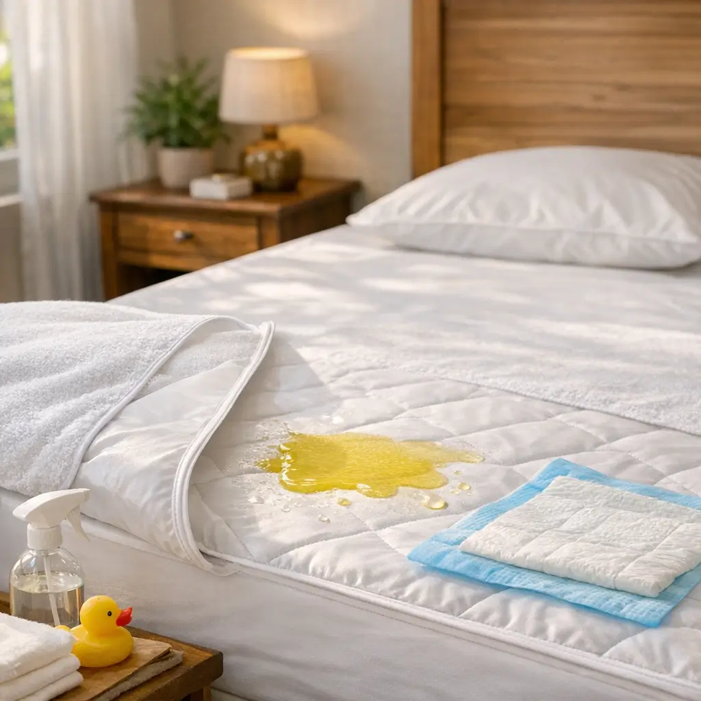 Protetor de colchão impermeável: vale a pena? líquido amarelo derramado sobre capa branca em cama arrumada