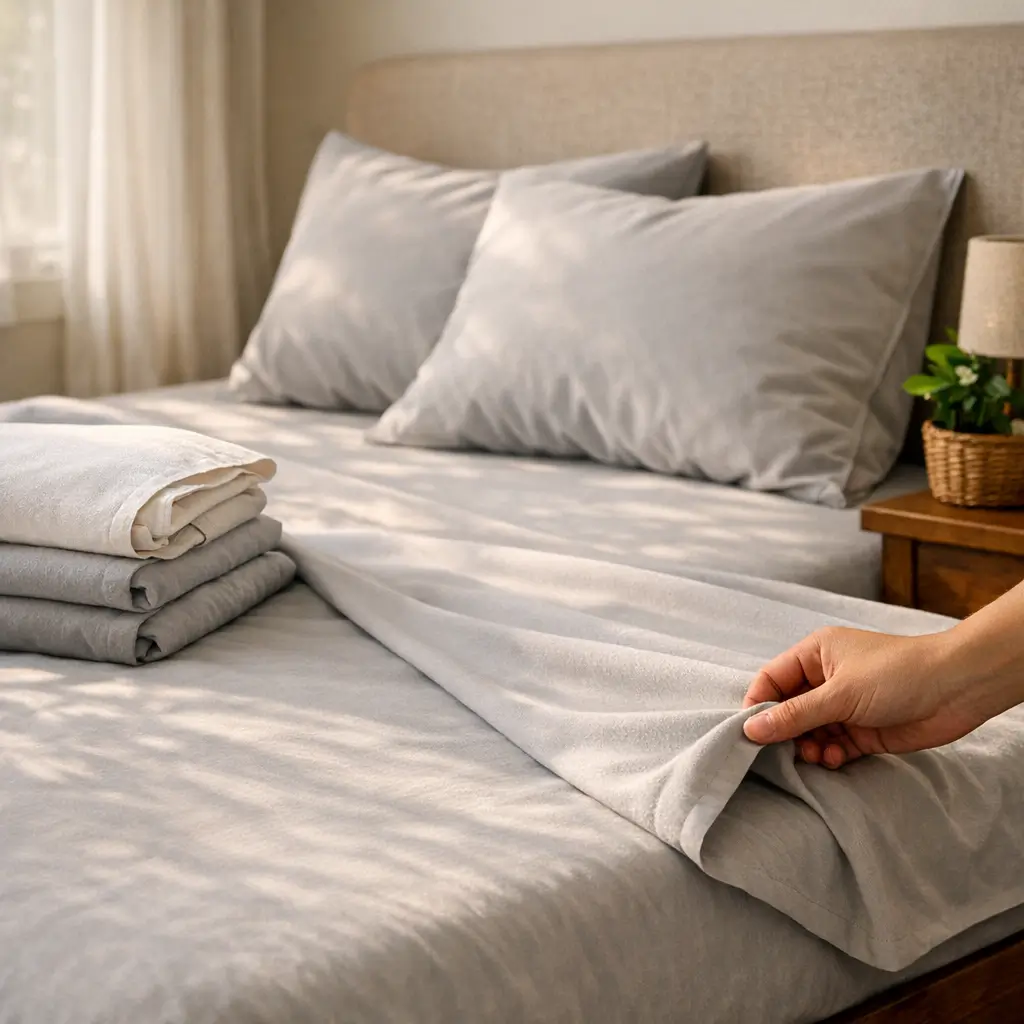 Roupa de cama barata que não faz bolinha: como escolher lençol cinza em cama arrumada com mão ajustando