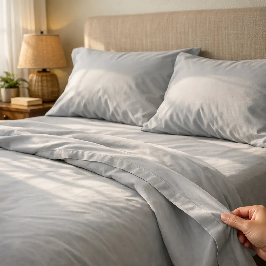 Roupa de cama barata que não faz bolinha: como escolher lençol cinza em cama com mão segurando