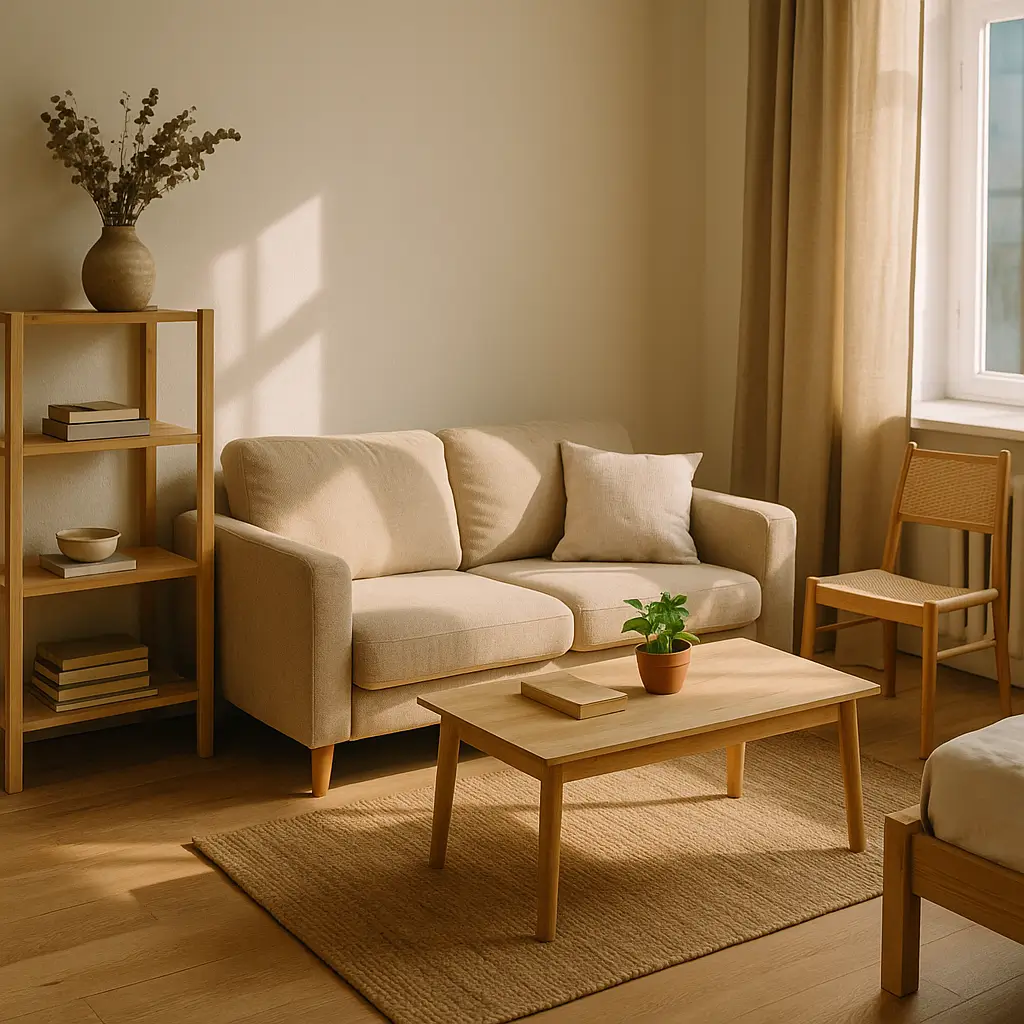 Sala aconchegante com sofá bege, mesa e estante de madeira, planta e cadeira simples, Como mobiliar casa alugada gastando pouco