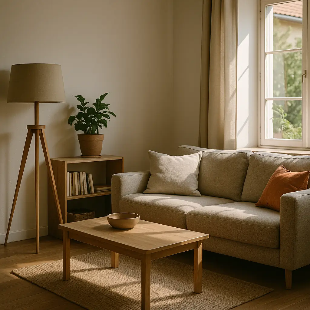 Sala com sofá bege, mesa simples e planta, Como mobiliar casa alugada gastando pouco