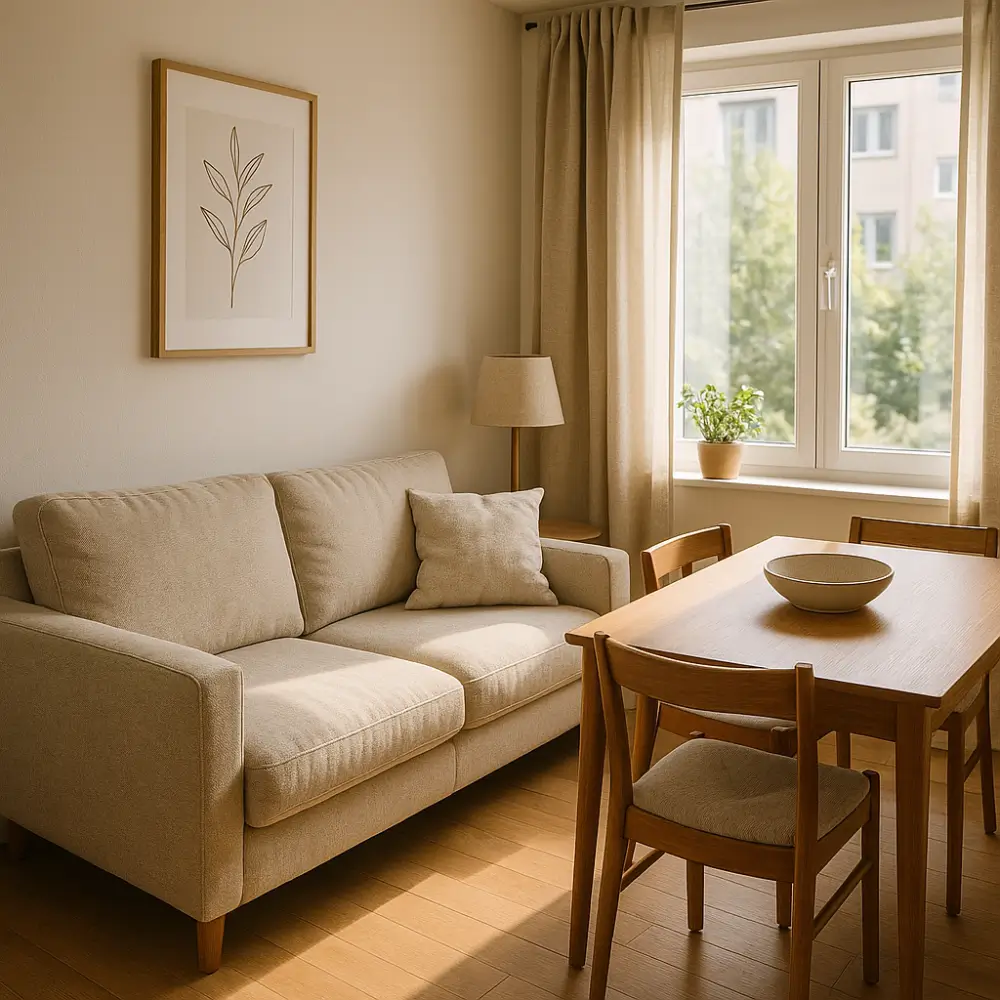 Sala pequena com sofá e mesa de jantar juntos: dicas fáceis em sala aconchegante com tons neutros e luz natural
