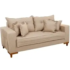 Sofa Living Portugal Em Veludo 3 Lugares Com Almofadas Soltas 200cm Boareto Bege 67023