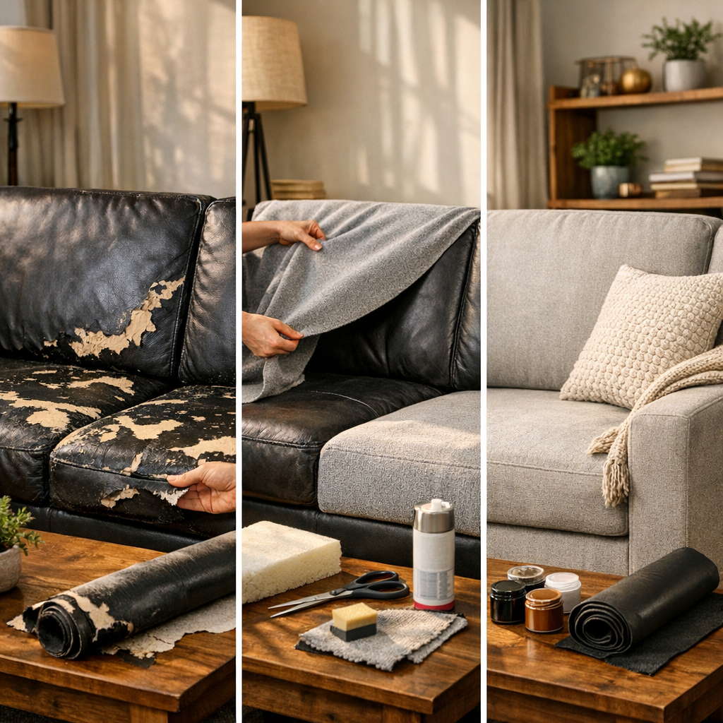 Sofá de corino descascando: como recuperar antes e depois com capa de tecido e materiais de conserto