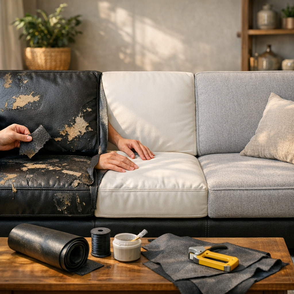 Sofá de corino descascando: como recuperar com parte renovada clara e ferramentas de conserto sobre a mesa