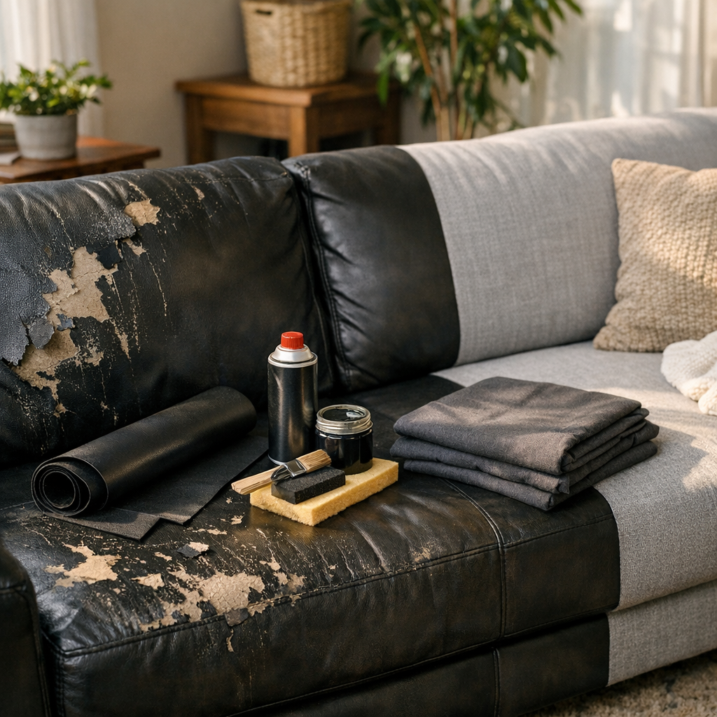 Sofá de corino descascando: como recuperar com rolo de corino, spray, pincel e tecido para conserto