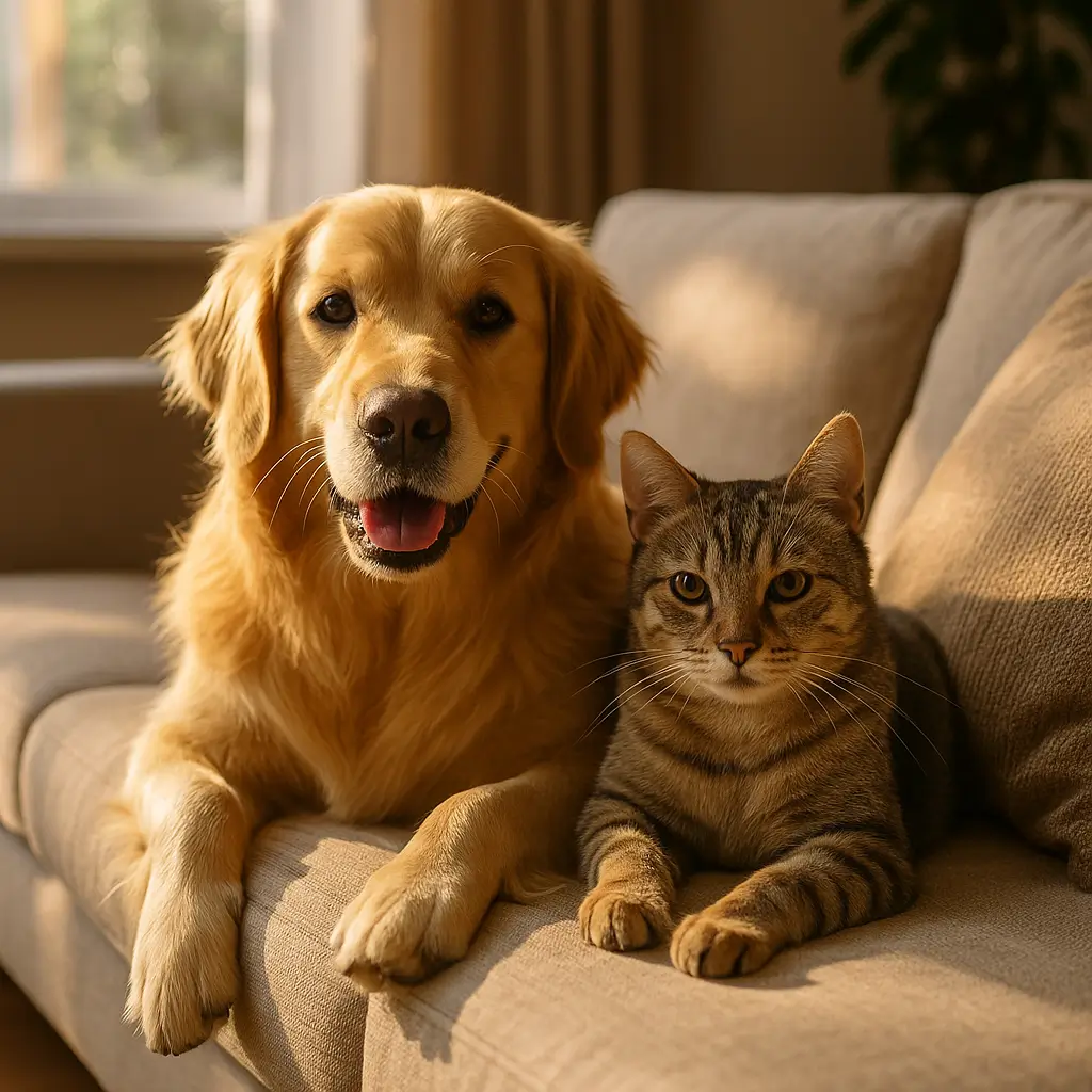 Sofá para casa com cachorro e gato: guia rápido, cachorro dourado e gato tigrado deitados em sofá bege