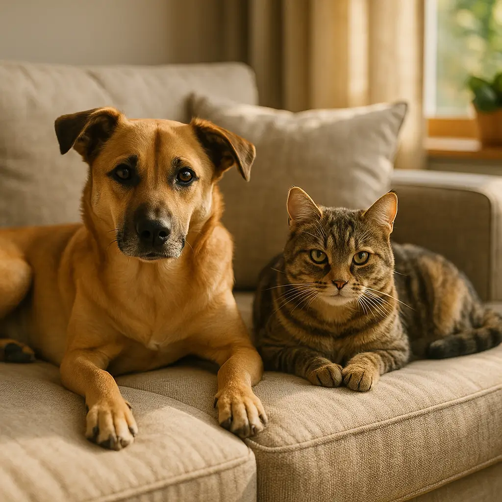 Sofá para casa com cachorro e gato: guia rápido, cachorro marrom e gato tigrado deitados em sofá bege