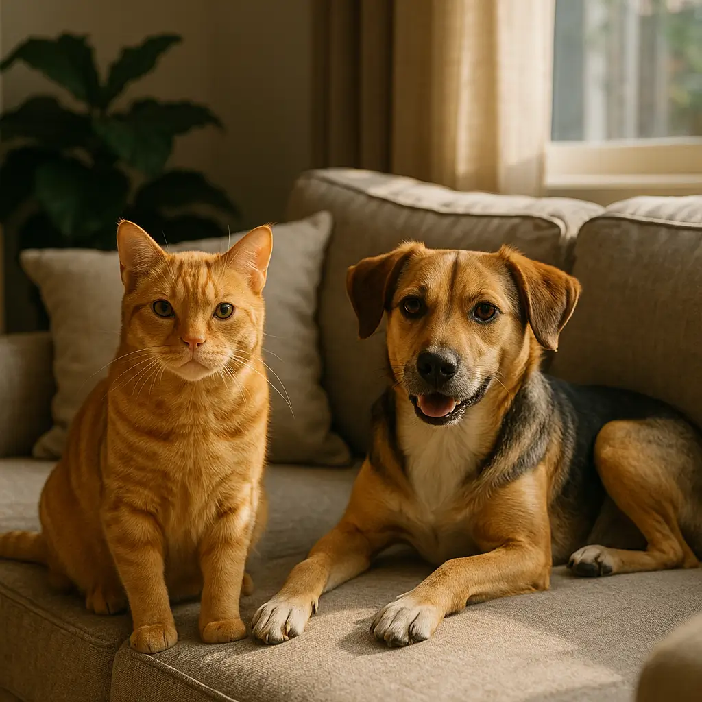 Sofá para casa com cachorro e gato: guia rápido, gato laranja sentado e cachorro deitado em sofá bege