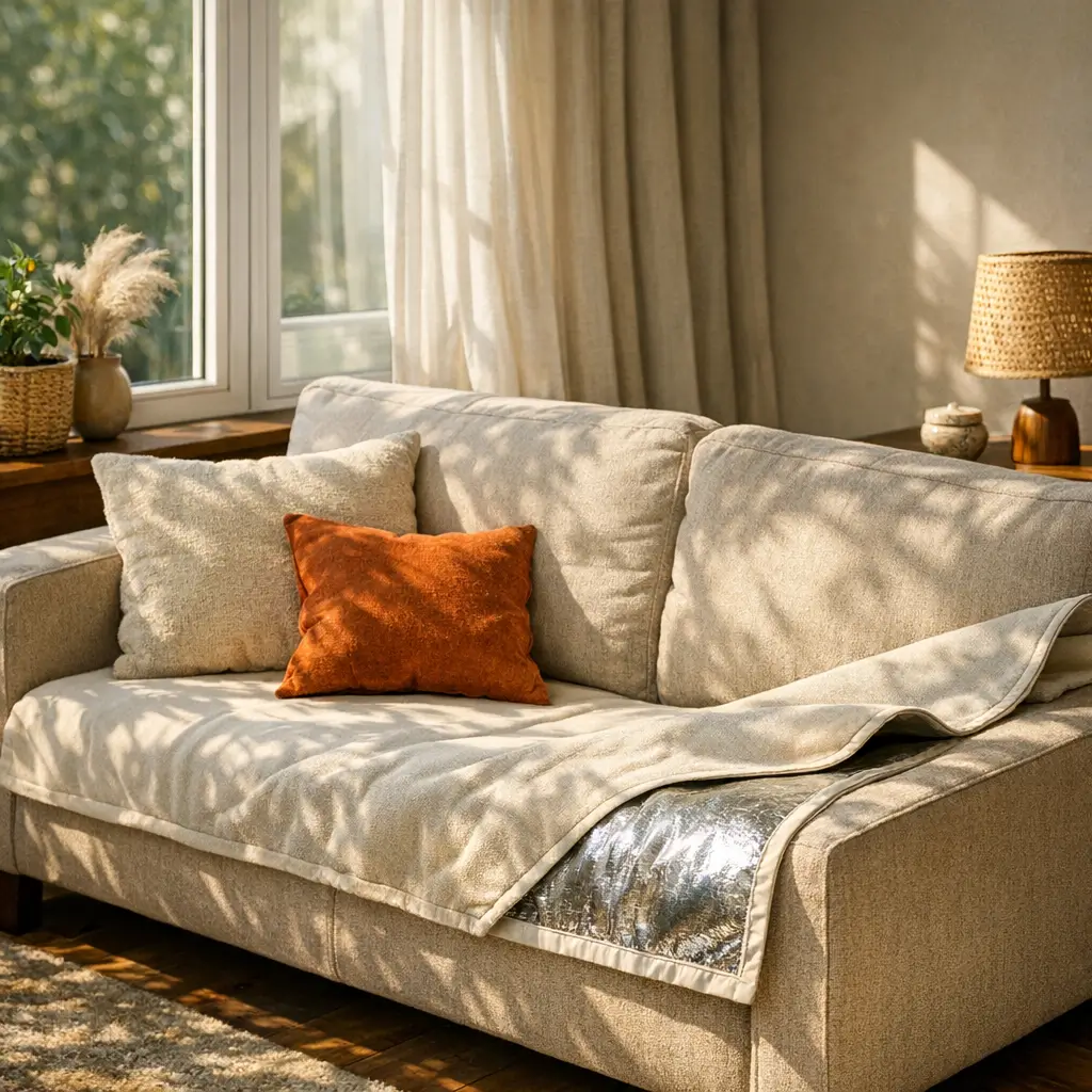 Sofá perto da janela pegando sol: como proteger o tecido com manta dupla, camada refletiva e almofadas