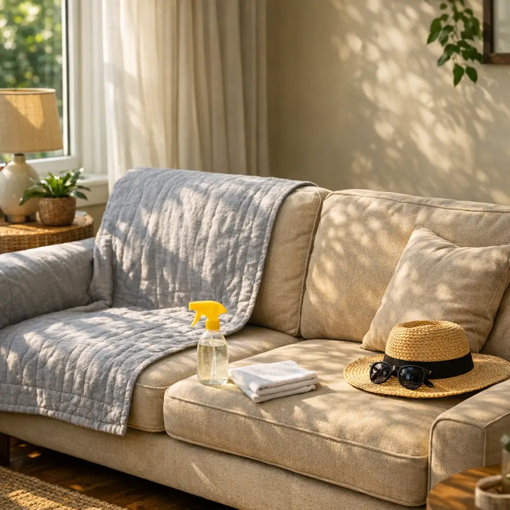 Sofá perto da janela pegando sol como proteger o tecido com manta protetora borrifador e chapéu