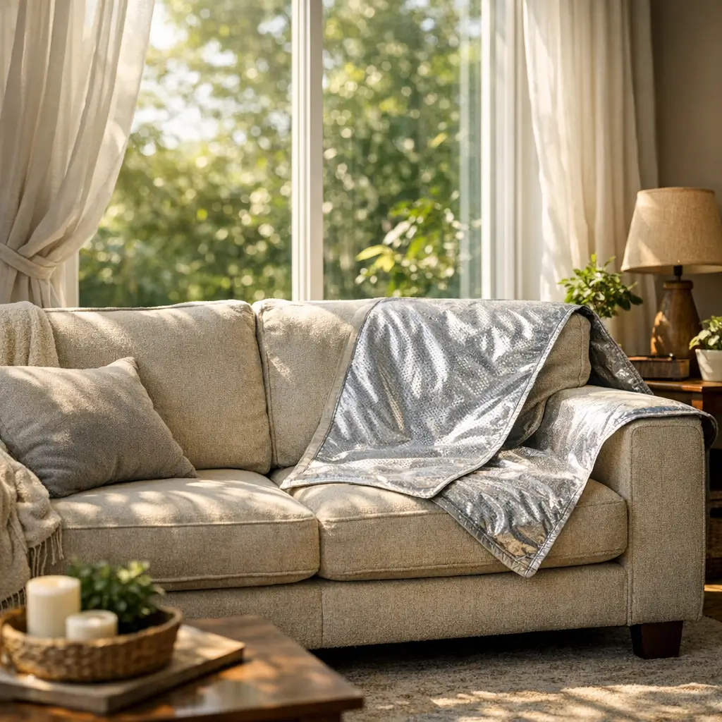 Sofá perto da janela pegando sol como proteger o tecido com manta refletiva sobre o estofado