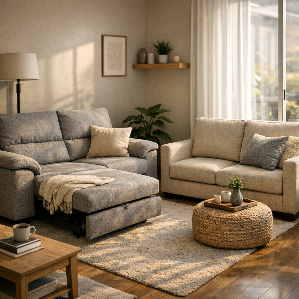 Sofá retrátil ou fixo para sala pequena com dois modelos cinza e bege em sala iluminada
