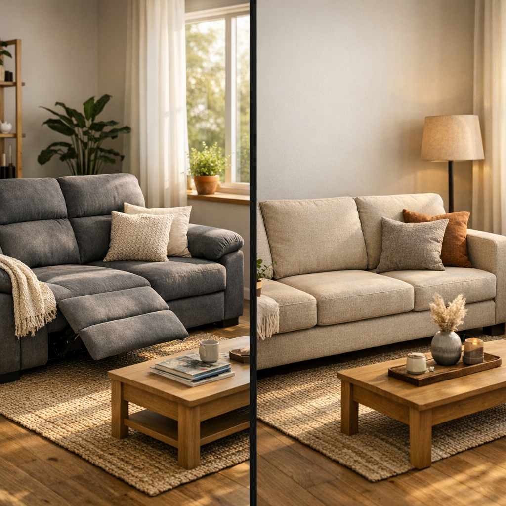 Sofá retrátil ou fixo para sala pequena com dois modelos cinza e bege lado a lado