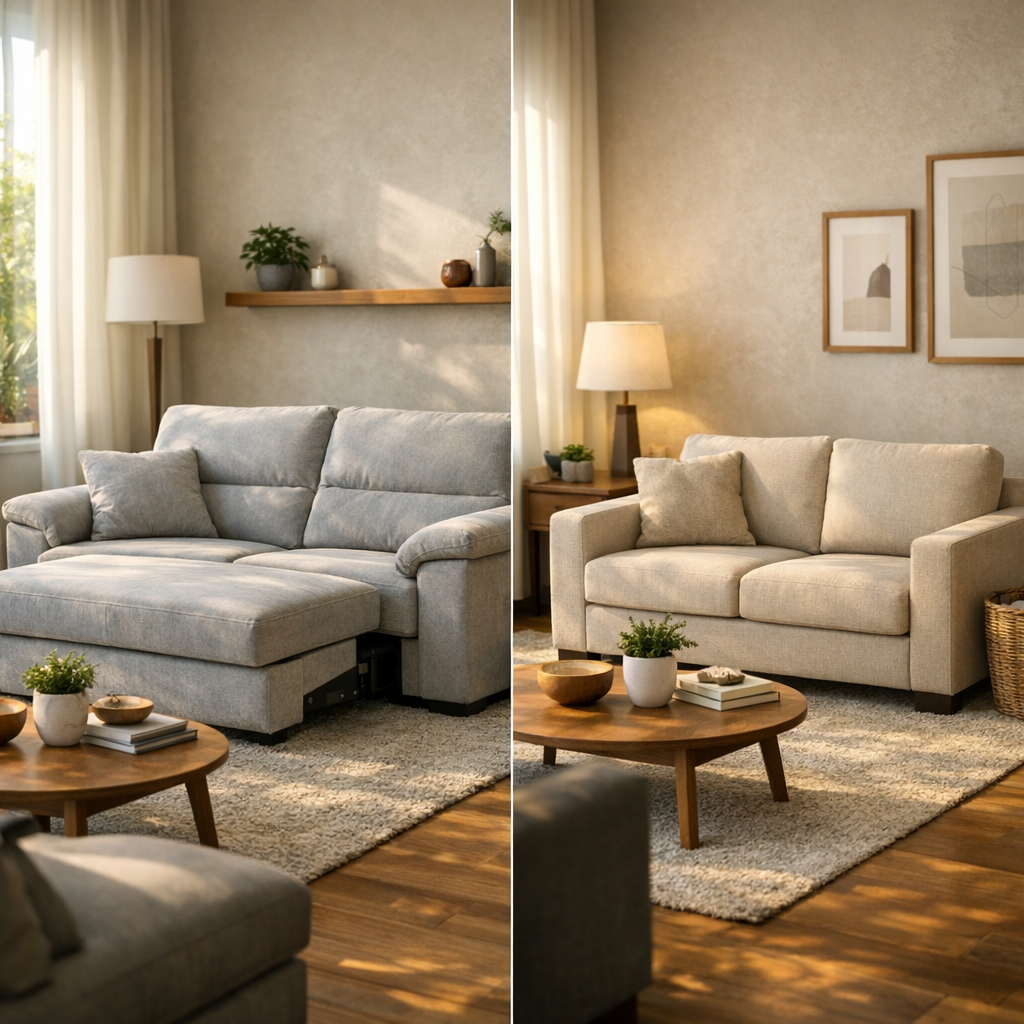 Sofá retrátil ou fixo para sala pequena com dois modelos em sala clara