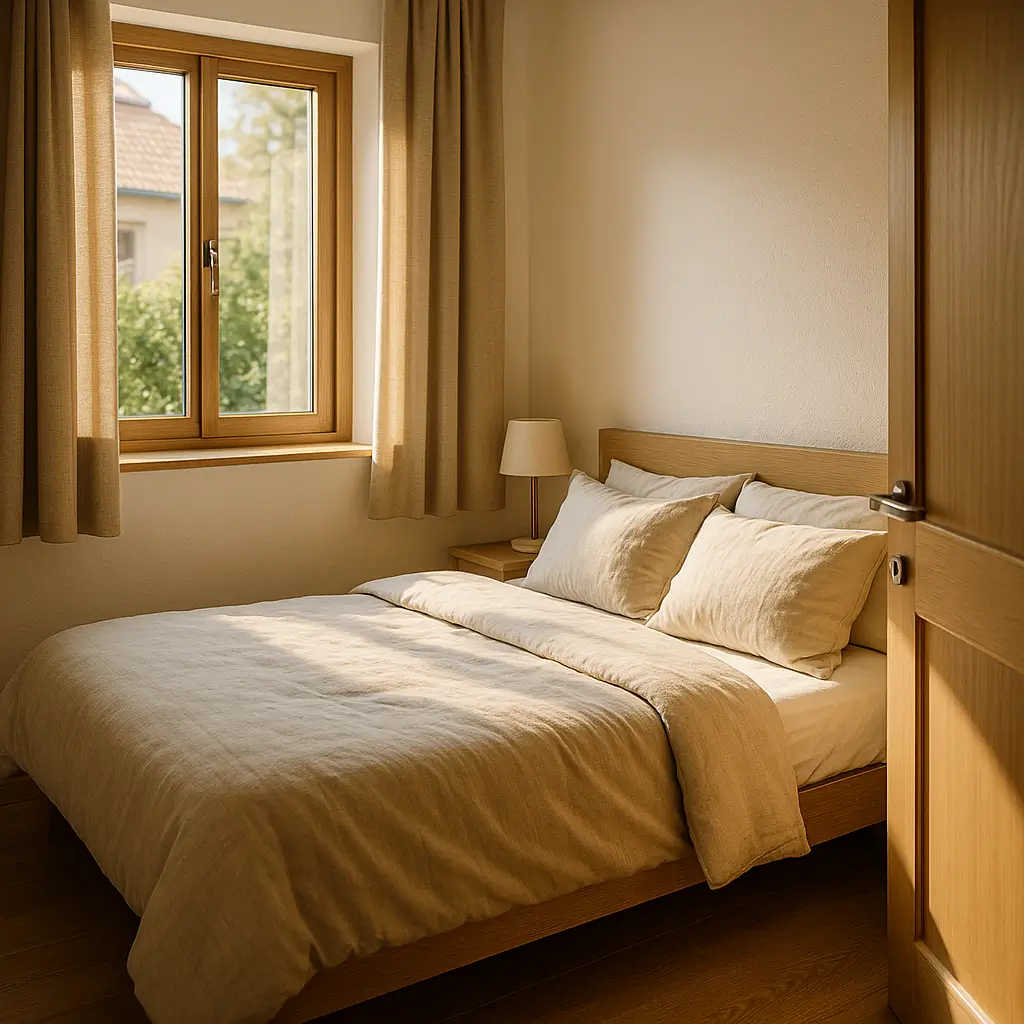 Tamanho de cama para quarto pequeno com cama de casal ao lado da janela e criado-mudo