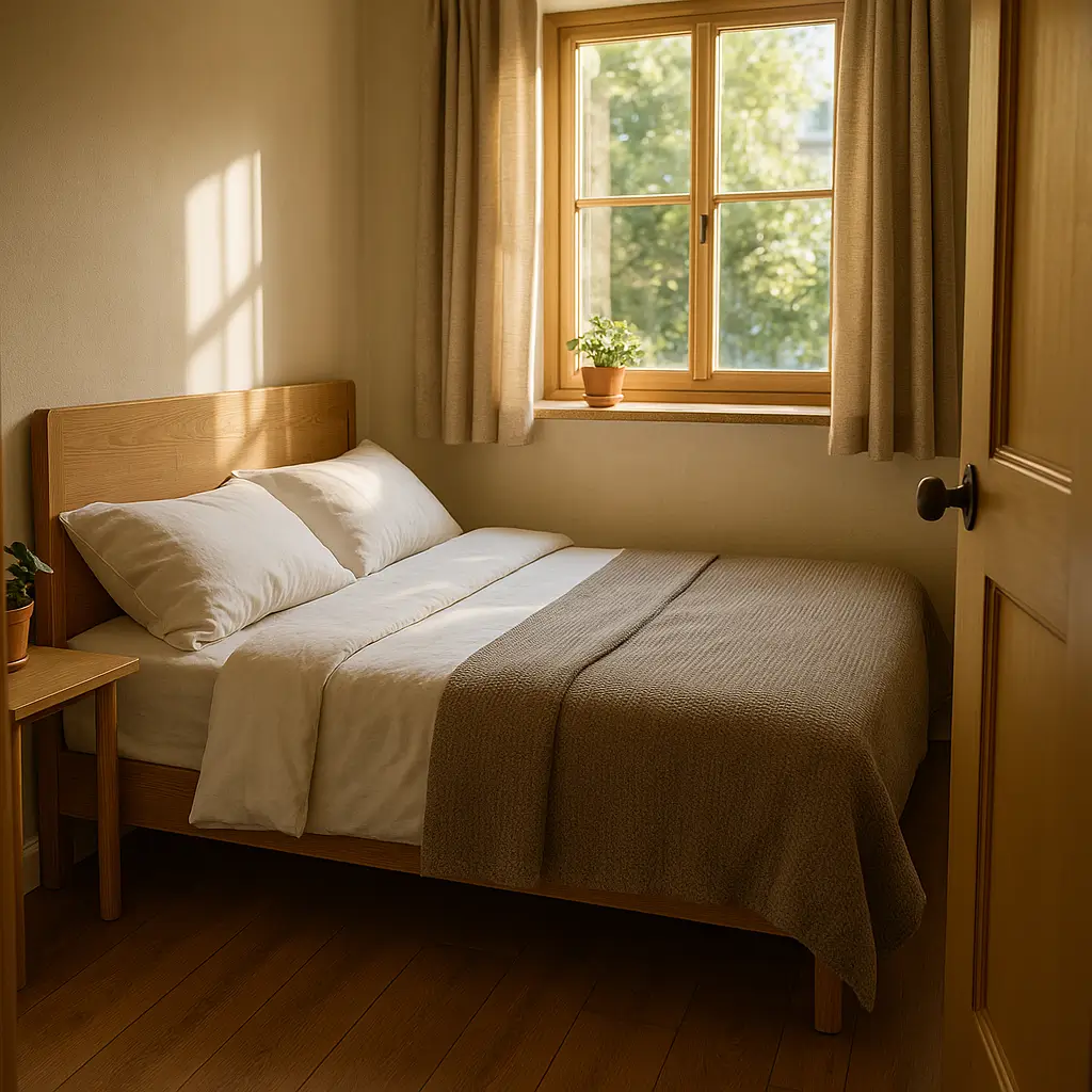 Tamanho de cama para quarto pequeno com cama de casal de madeira ao lado da janela e plantas