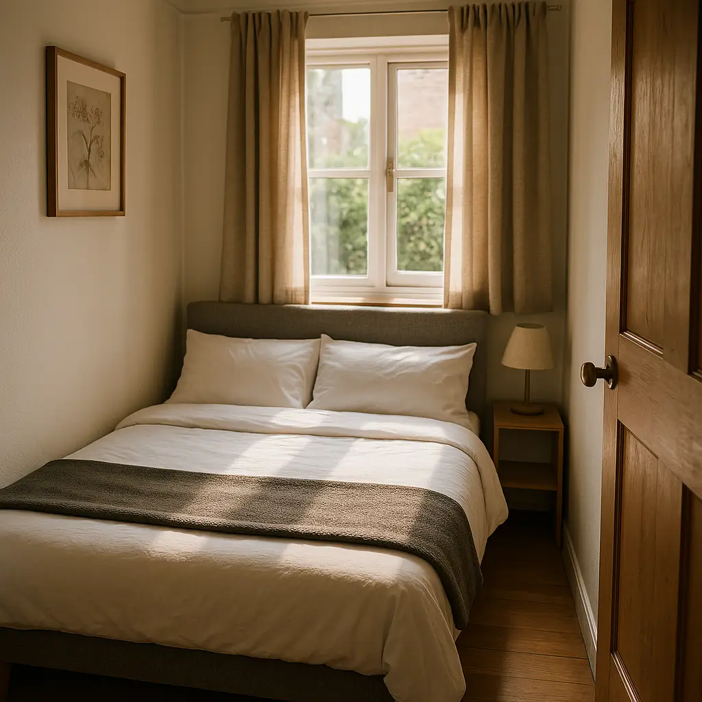 Tamanho de cama para quarto pequeno com cama de casal encostada na parede e criado-mudo ao lado