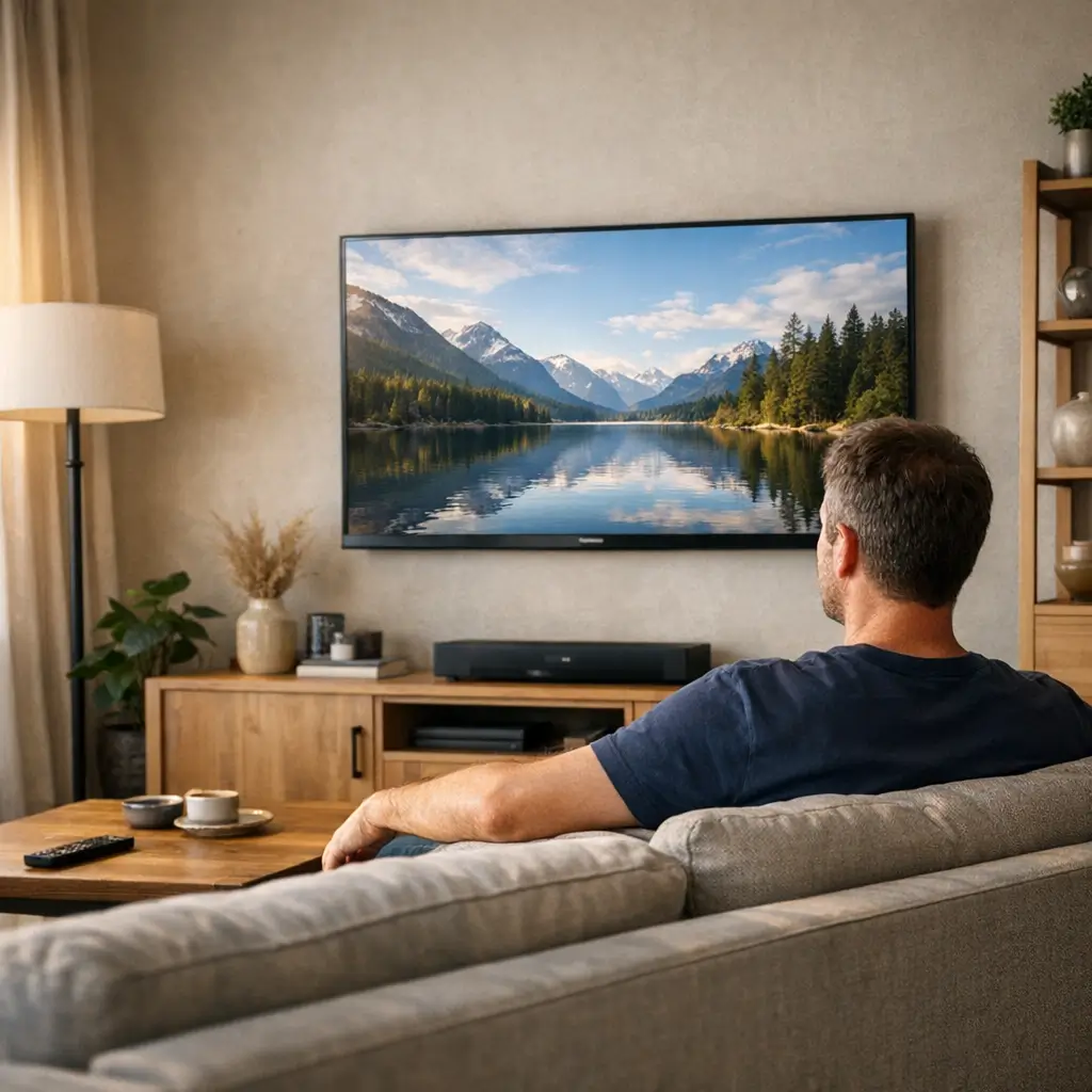 Altura ideal da TV na parede: medida certa, homem no sofá e TV na parede acima do rack