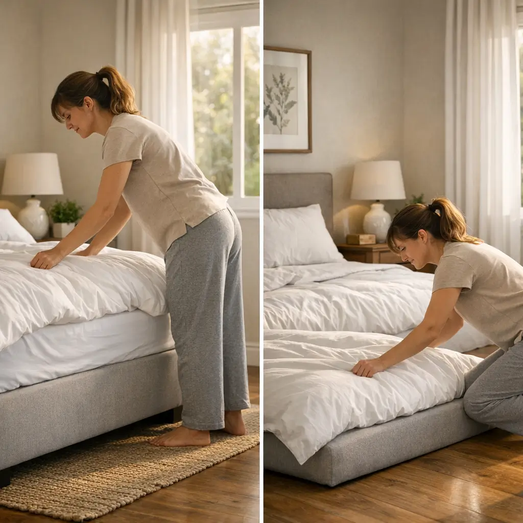 Cama box alta ou baixa: qual é melhor, mulher arrumando cama alta e cama baixa em quarto com janela