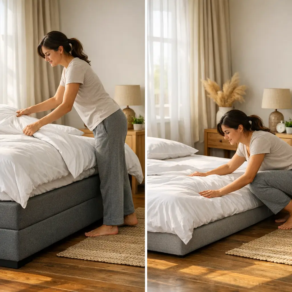 Cama box alta ou baixa: qual é melhor, mulher arrumando cama alta e cama baixa em quarto com luz natural