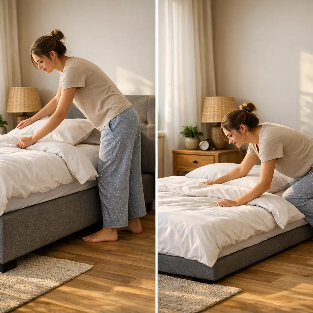 Cama box alta ou baixa: qual é melhor, mulher arrumando cama alta e cama baixa em quarto iluminado