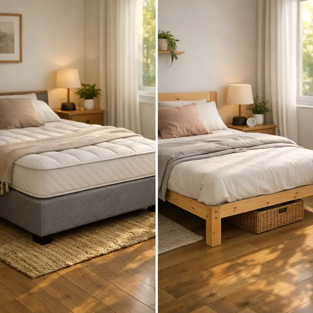 Cama box ou cama com estrado: qual é melhor em quarto aconchegante com luminária e criado-mudo